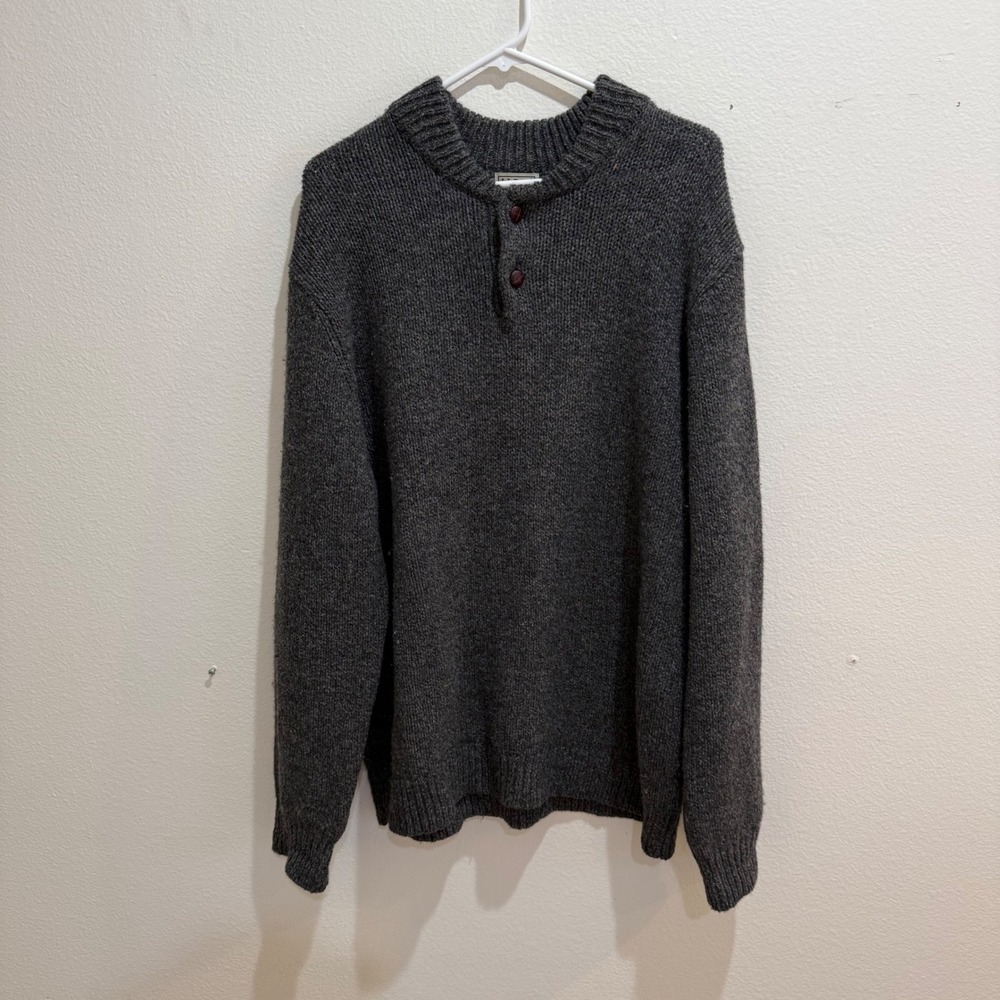 LL Bean Mens XL Lambswool Henley Sweater Charcoal Gray 285174 Mock Neck